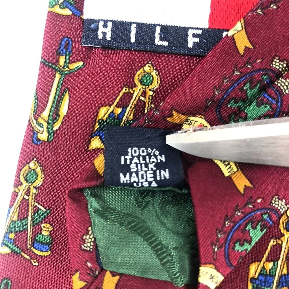 Tommy Hilfiger Silk Tie Maroon Nautical Crest Anchor Compass Print Made in USA
